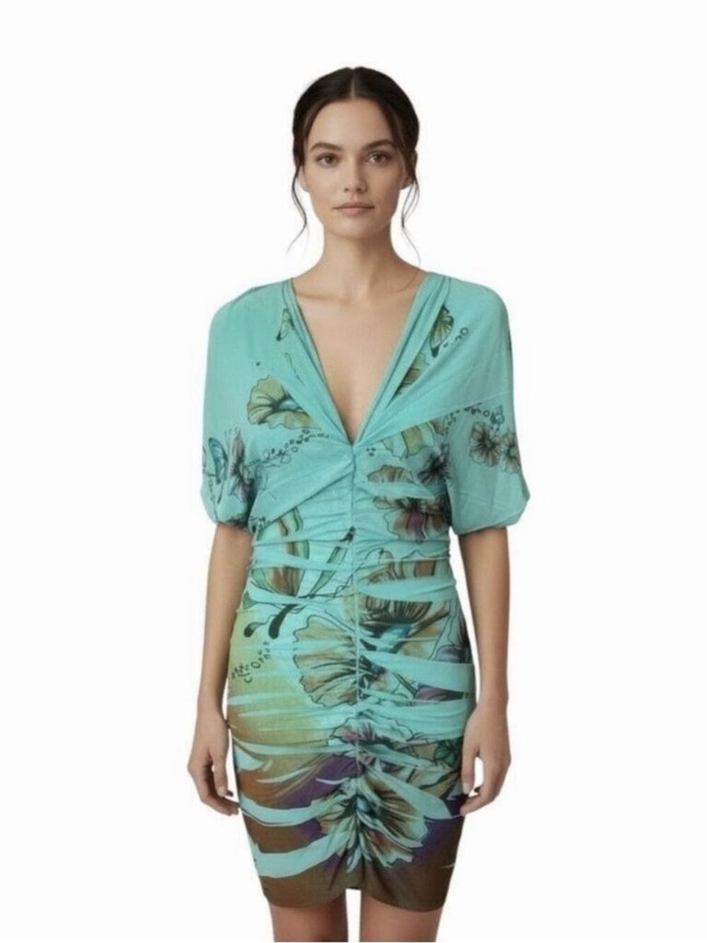 Symphony Vintage Y2K Turquoise Floral Ruched Open Side Slit Cape Sleeve Dress S